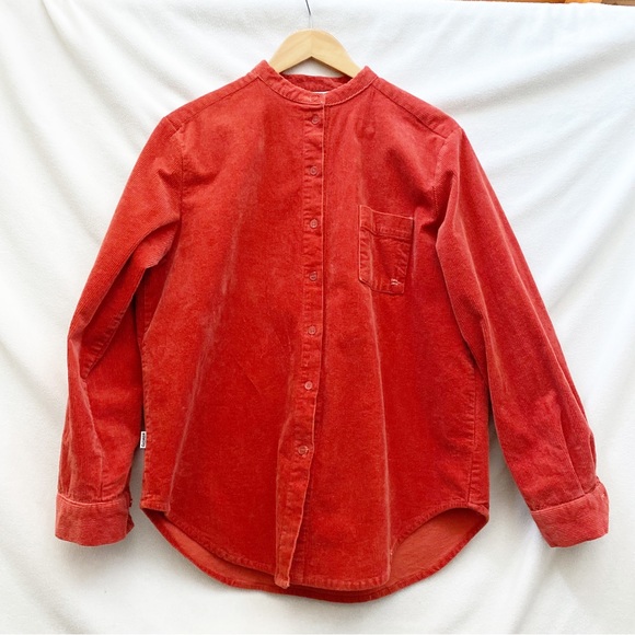 Unisex Orange Cozy Corduroy Button-up Overshirt with Mandarin Collar - Picture 3 of 11